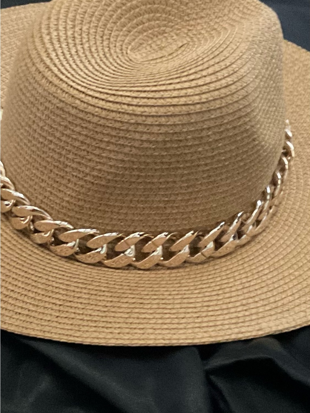Woven Straw Fedora Hat with Gold Chain Trim - Tan
